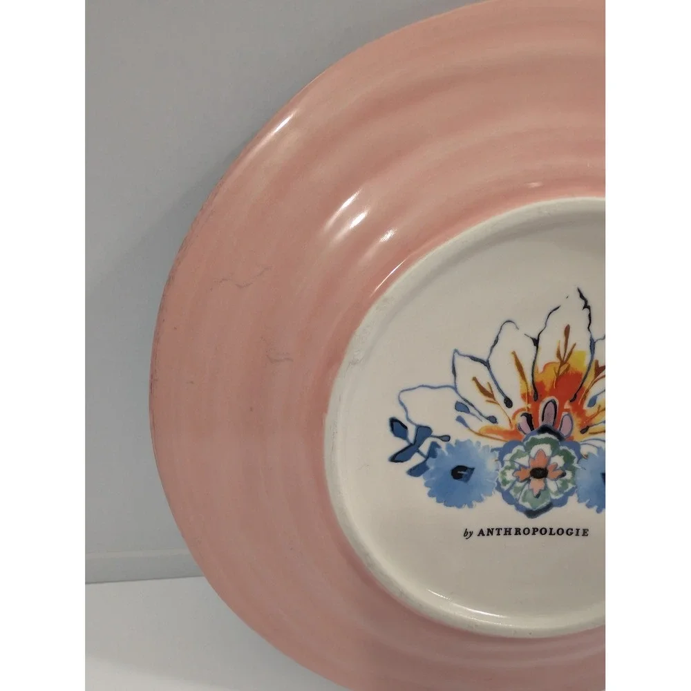 Anthropologie Floral Ceramic Salad Plate Pink Blue Hand Painted Style Boho